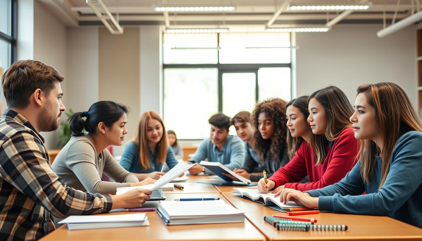 Students studying together in modern classroom